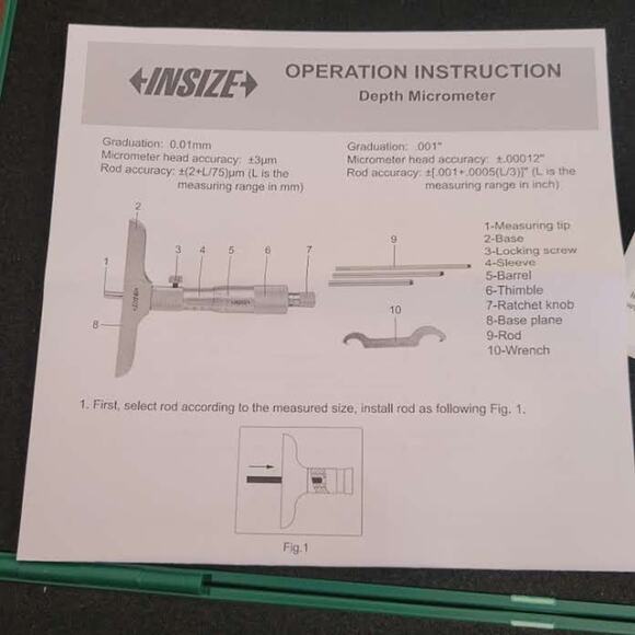INSIZE 3240-6 Depth Micrometer, Graduation .001", 0" - 6" New, open box - Picture 9 of 9